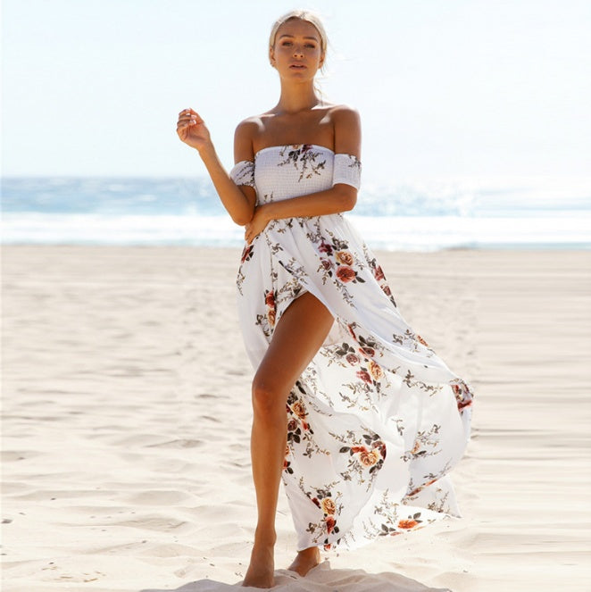Robe de plage d'été bohème à épaules dénudées