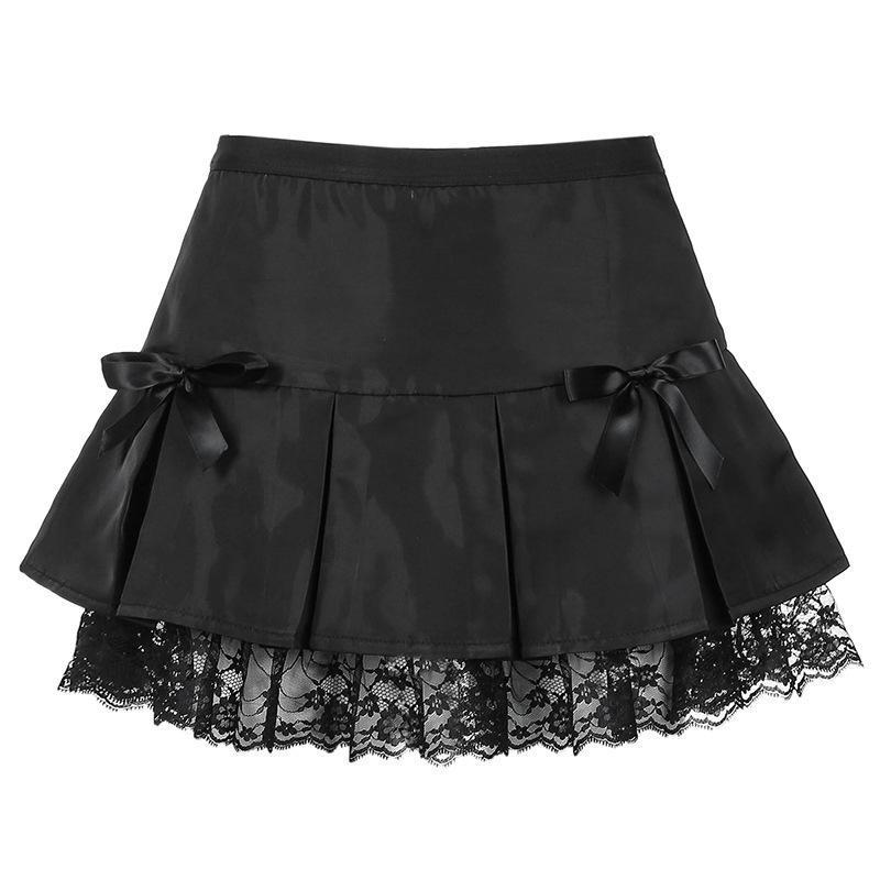 Black Goth Lace Trim Pleated Skirt
