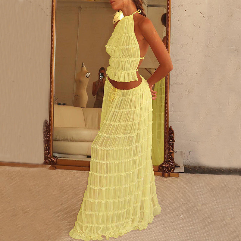 2pcs Halter Top & Pleated Skirt Set