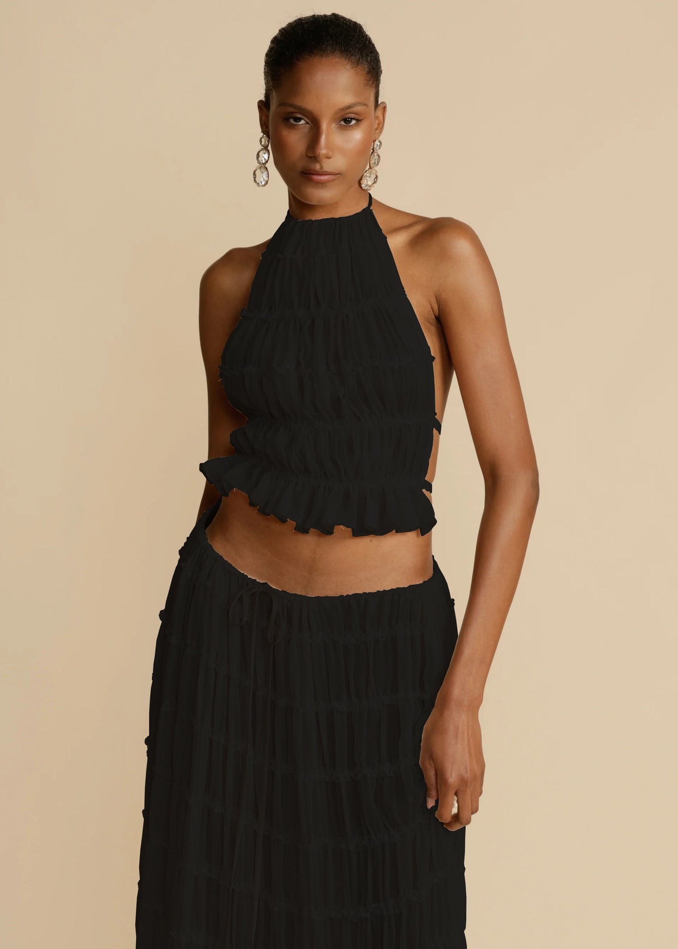 2pcs Halter Top & Pleated Skirt Set