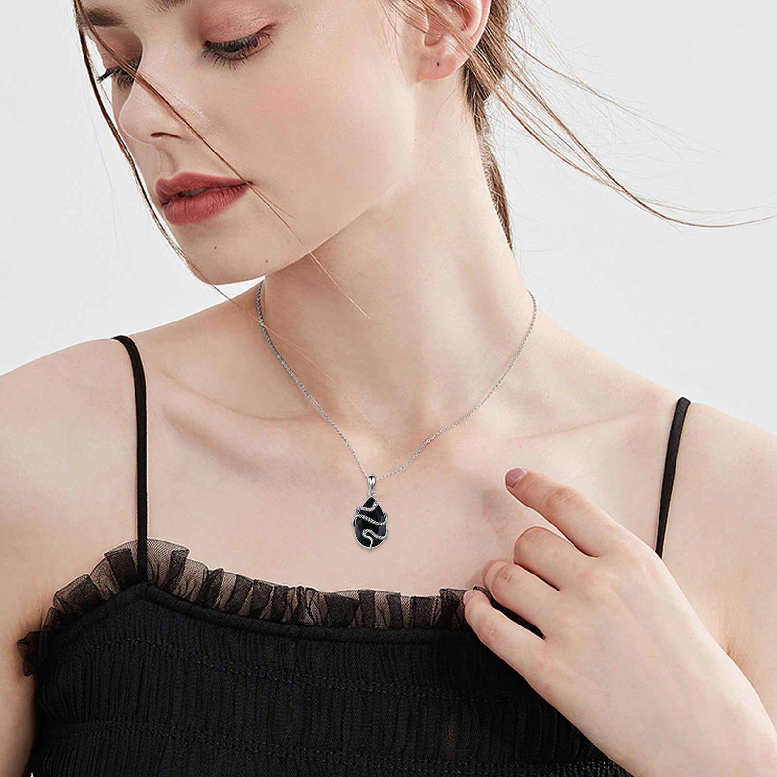 Sterling Silver Obsidian Snake Necklace