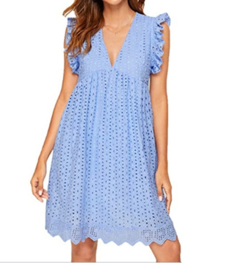 Robe de plage sans manches à col en V et poches en dentelle
