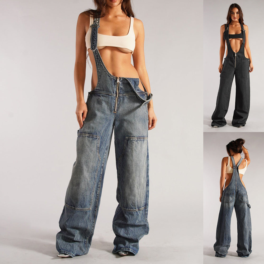 Salopette en jean zippée avec poches style années 2000