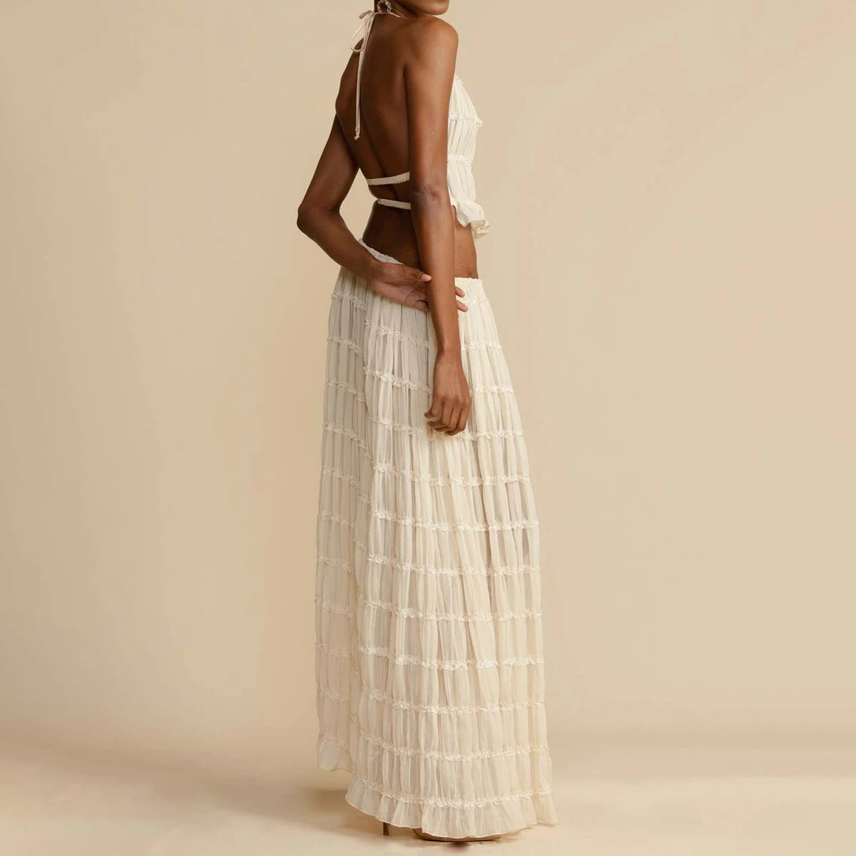 2pcs Halter Top & Pleated Skirt Set