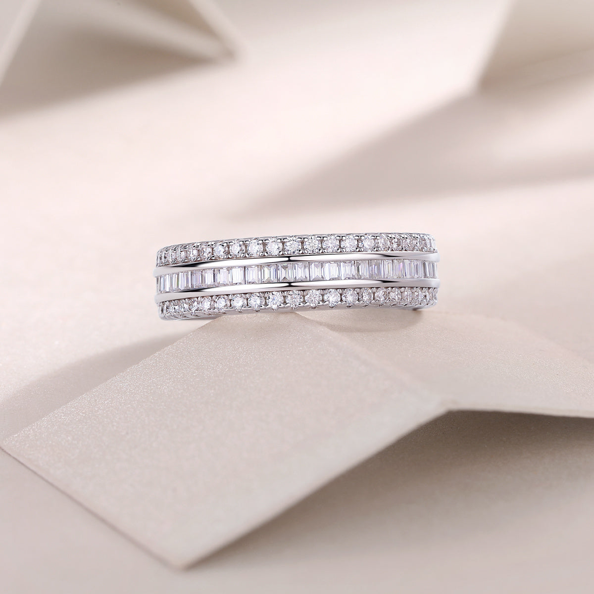 Three Row Moissanite Silver Ring Set