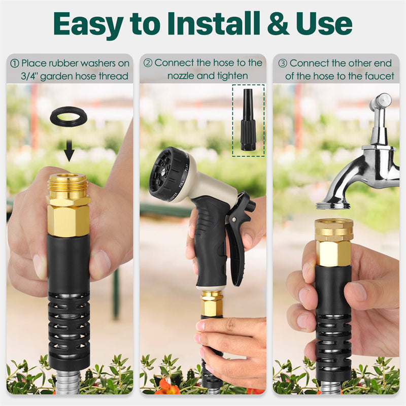 100FT Metal Garden Hose with Spray Nozzle