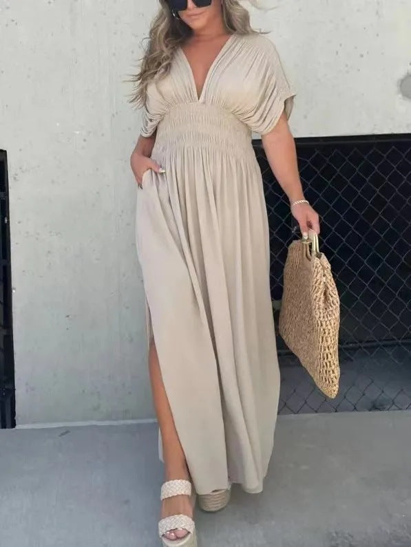 Batwing V-Neck Slit Summer Maxi Dress