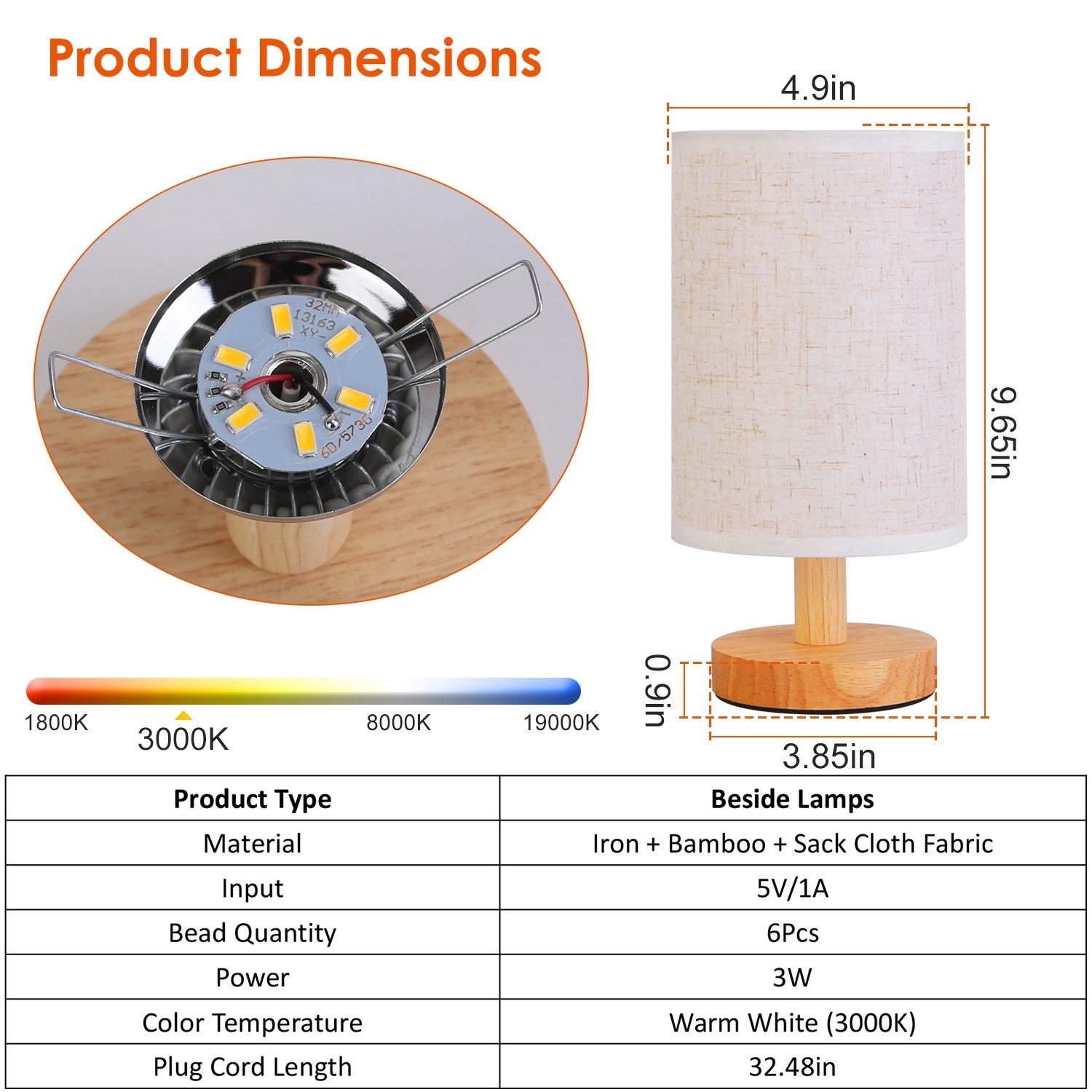 Warm White Bedside Lamp USB Plug
