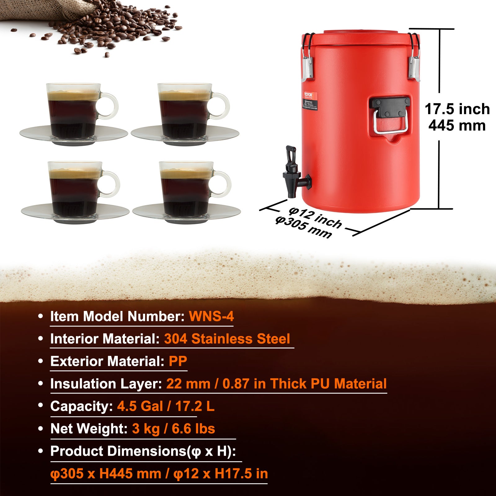 VEVOR 4.5 Gal Stainless Beverage Dispenser