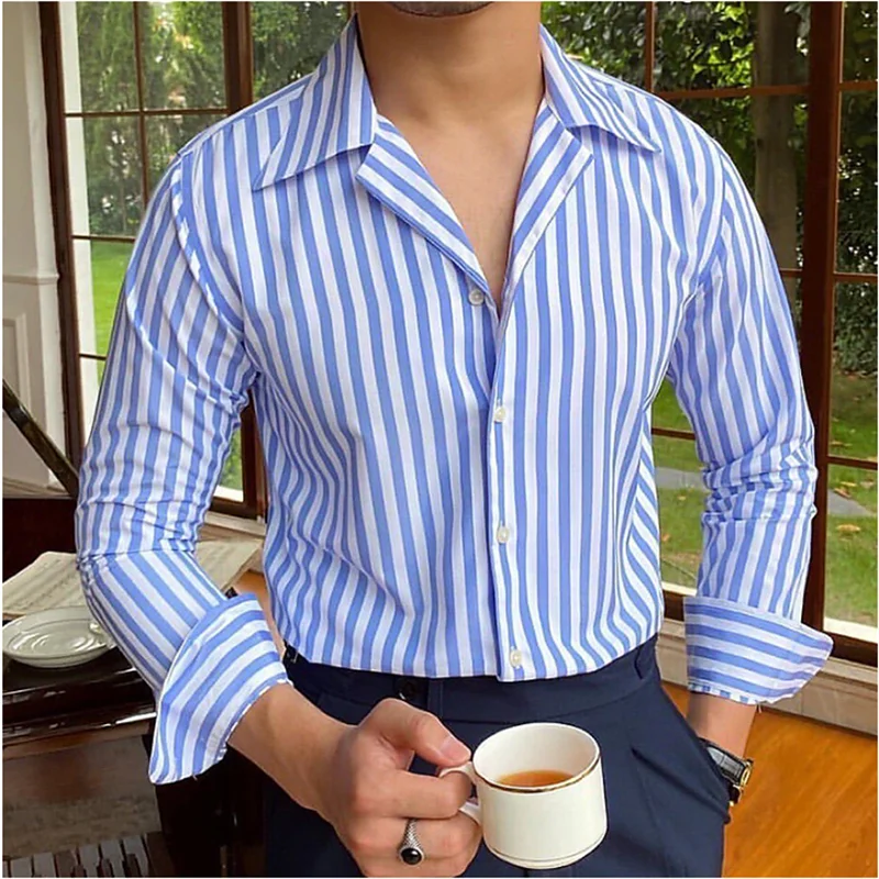 Men’s Blue Striped Long Sleeve Button Shirt