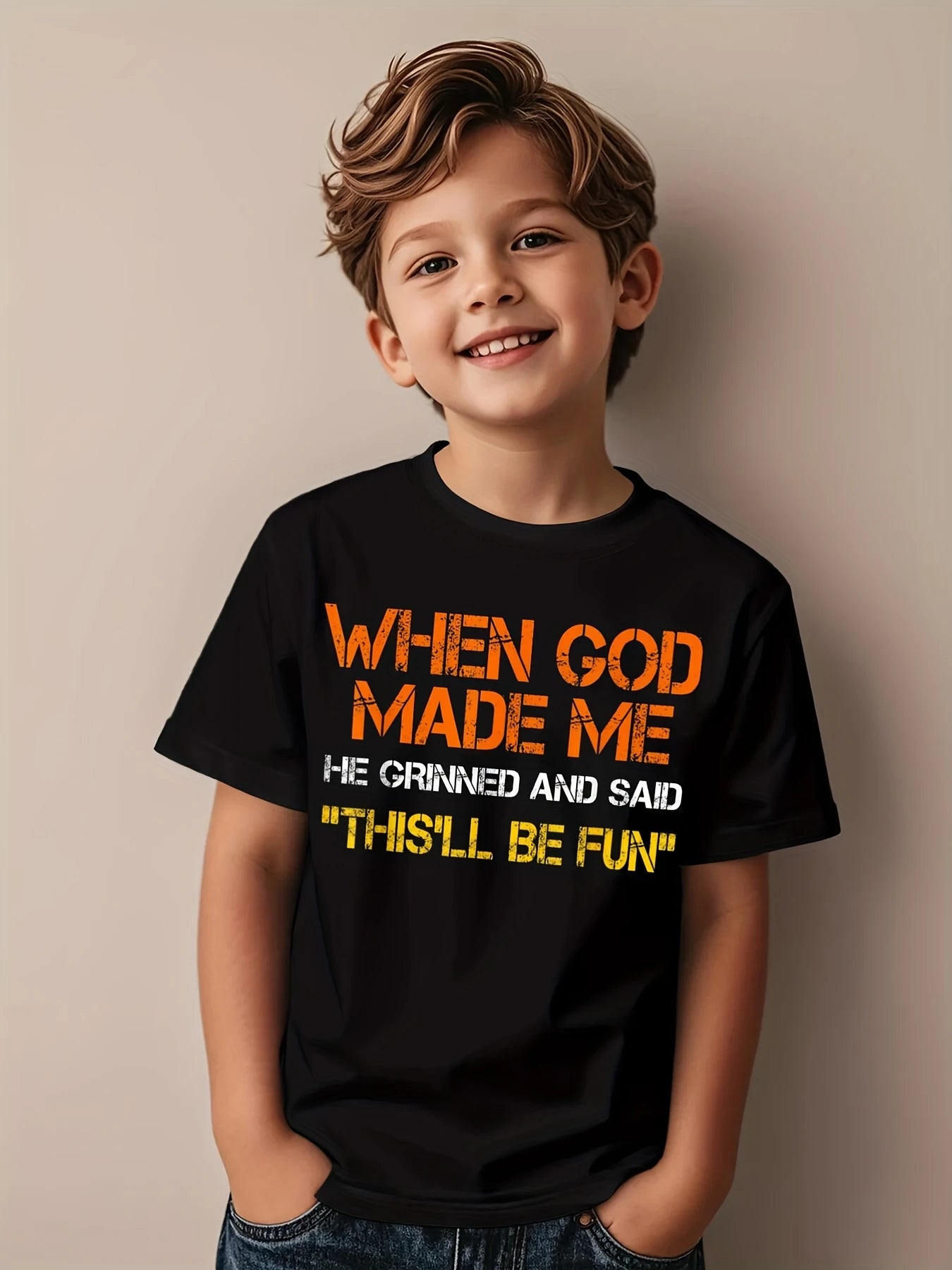 Funny Graphic Kids Tee – When God Made Me He Grinned and Said funny