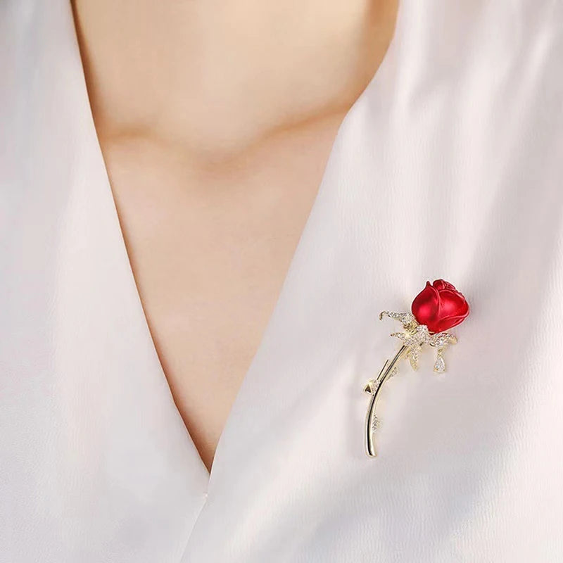 Rhinestone Red Rose Flower Brooch