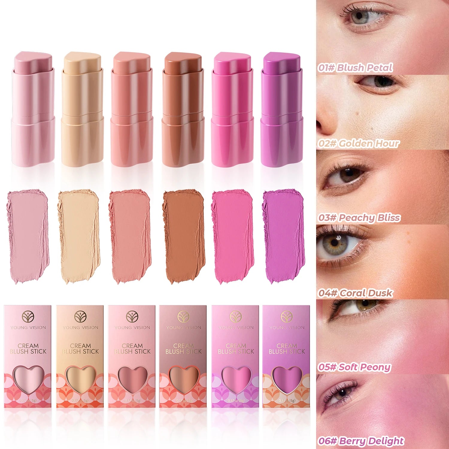 6-Color Heart Shaped Blush Stick Set