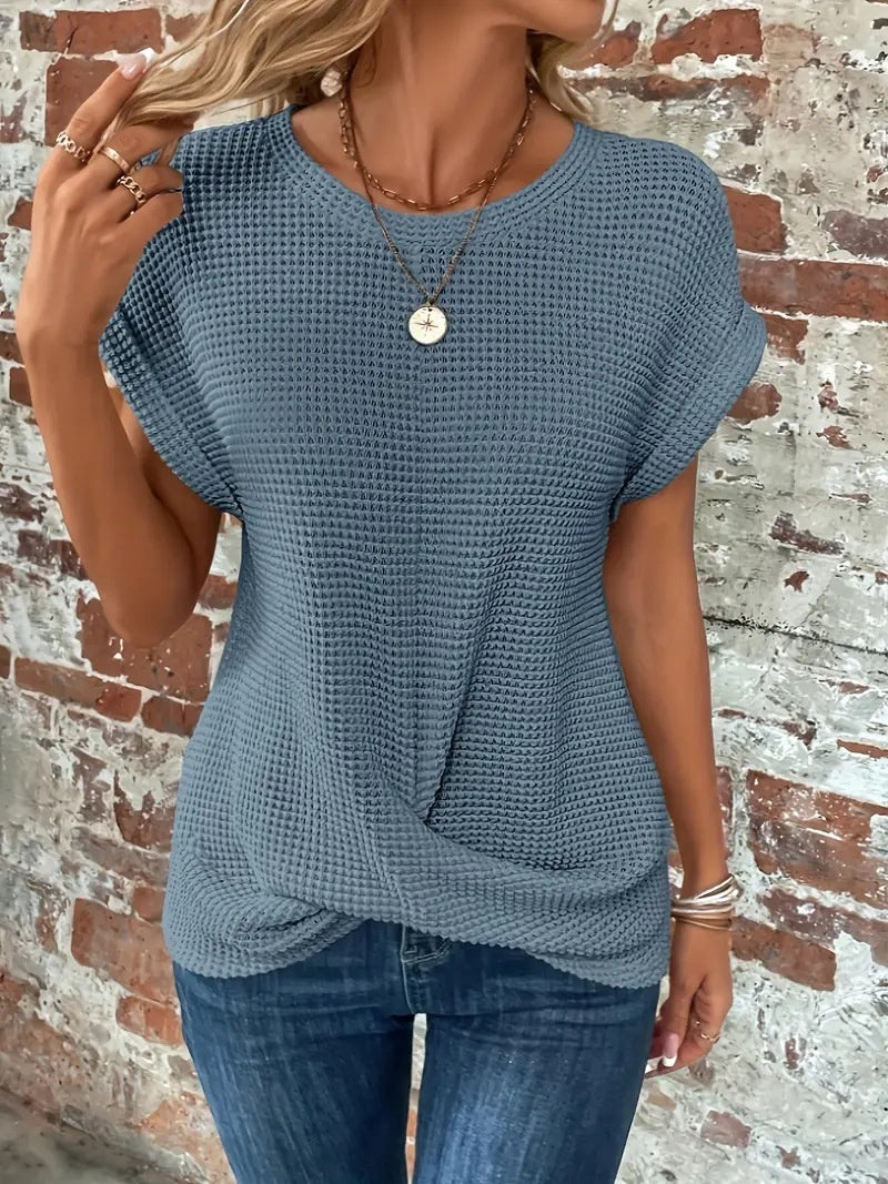 T-shirt ras du cou en tricot gaufré pour femme