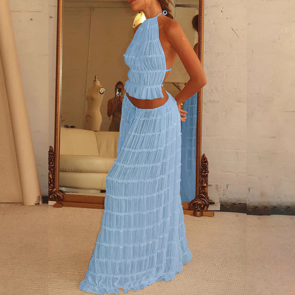2pcs Halter Top & Pleated Skirt Set
