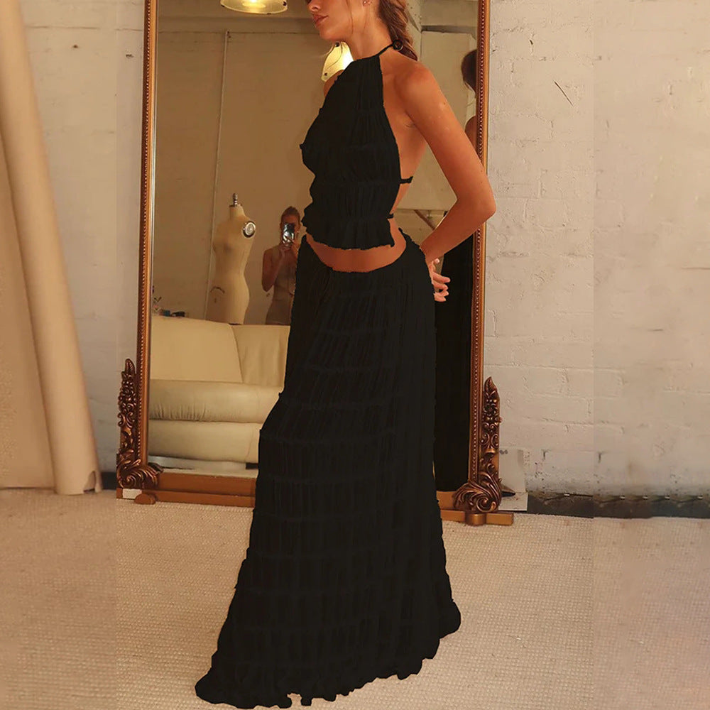 2pcs Halter Top & Pleated Skirt Set