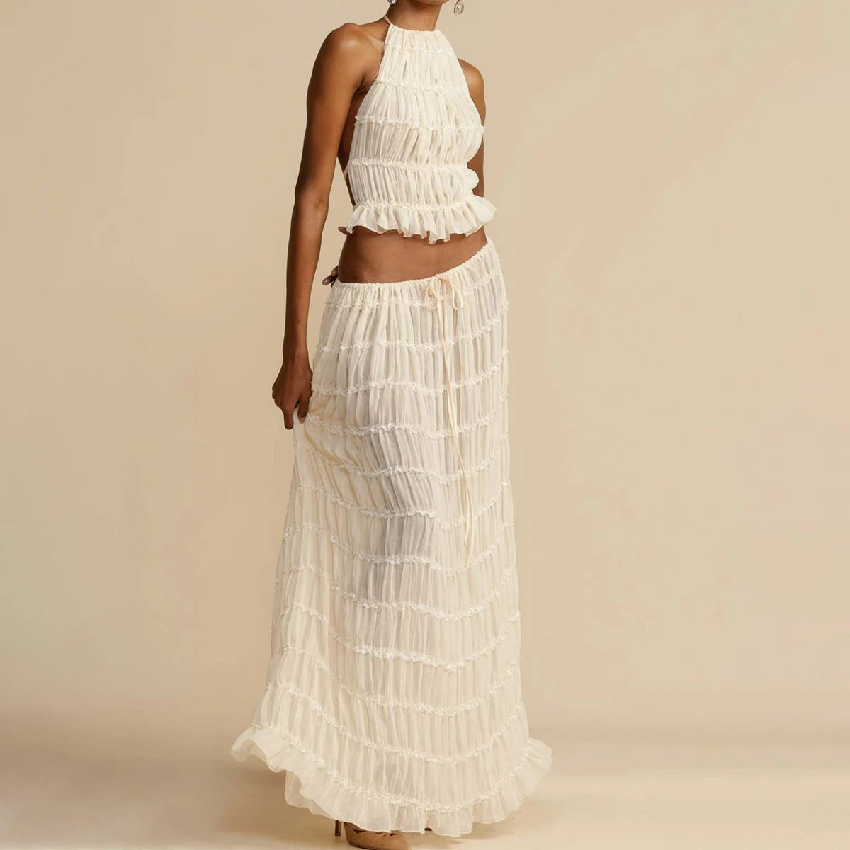 2pcs Halter Top & Pleated Skirt Set