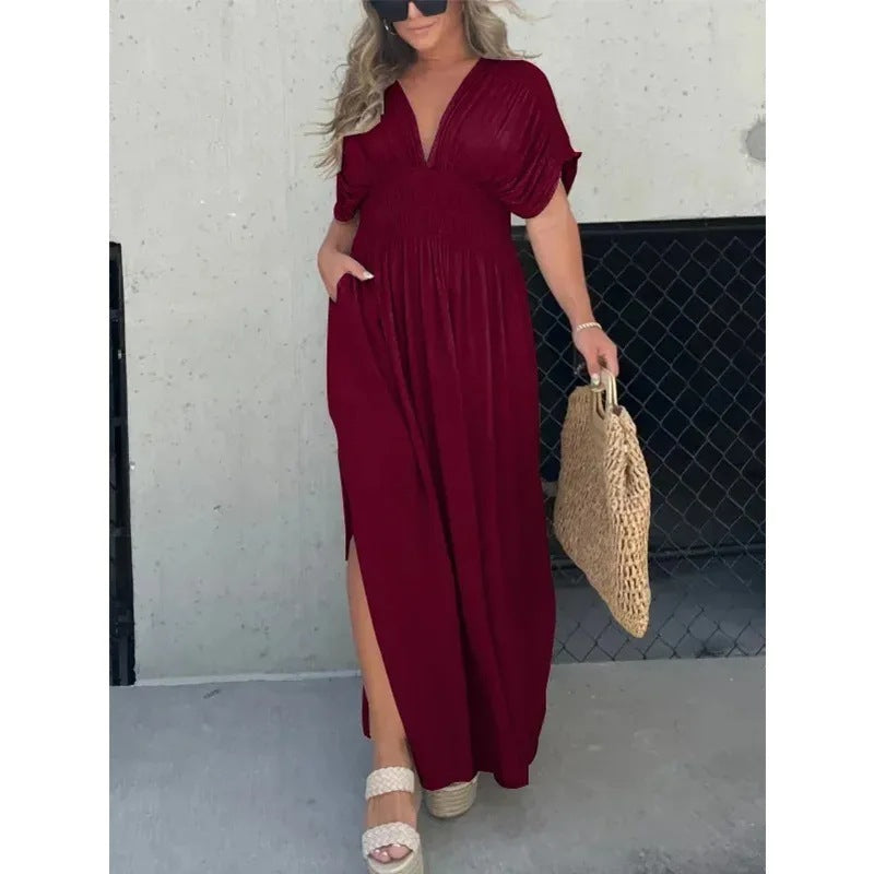 Batwing V-Neck Slit Summer Maxi Dress