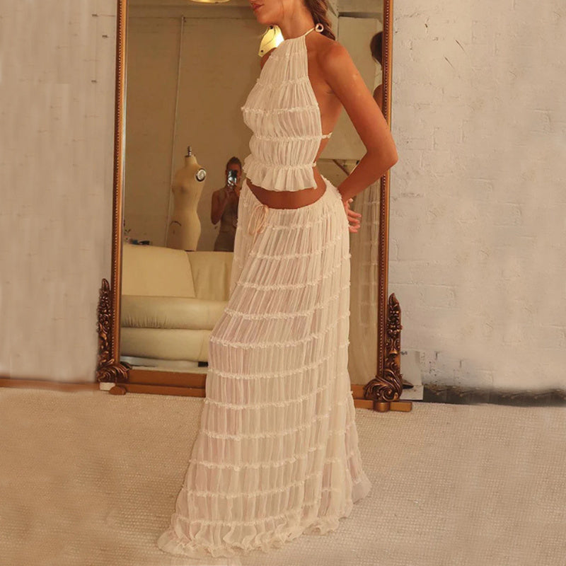 2pcs Halter Top & Pleated Skirt Set