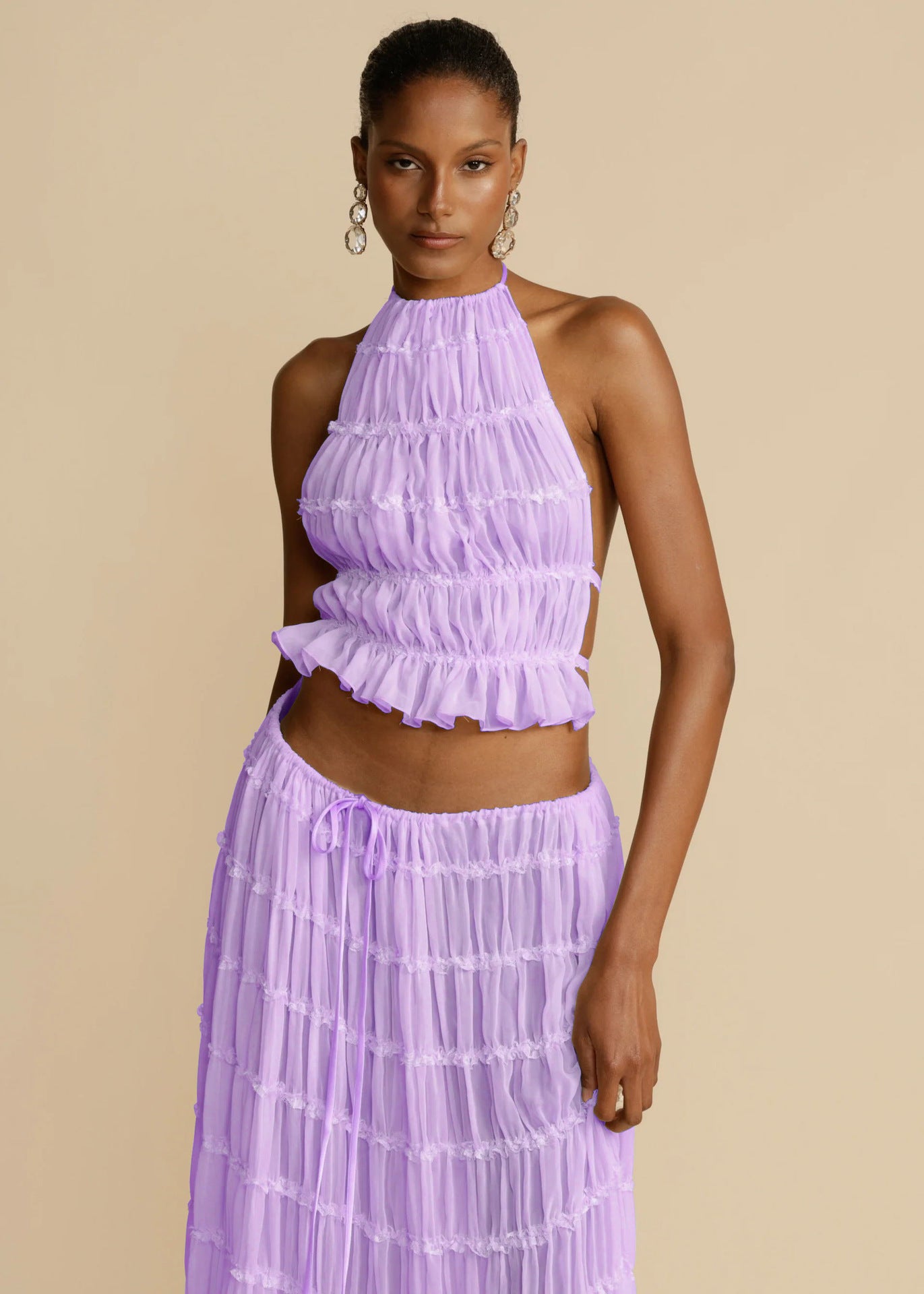 2pcs Halter Top & Pleated Skirt Set