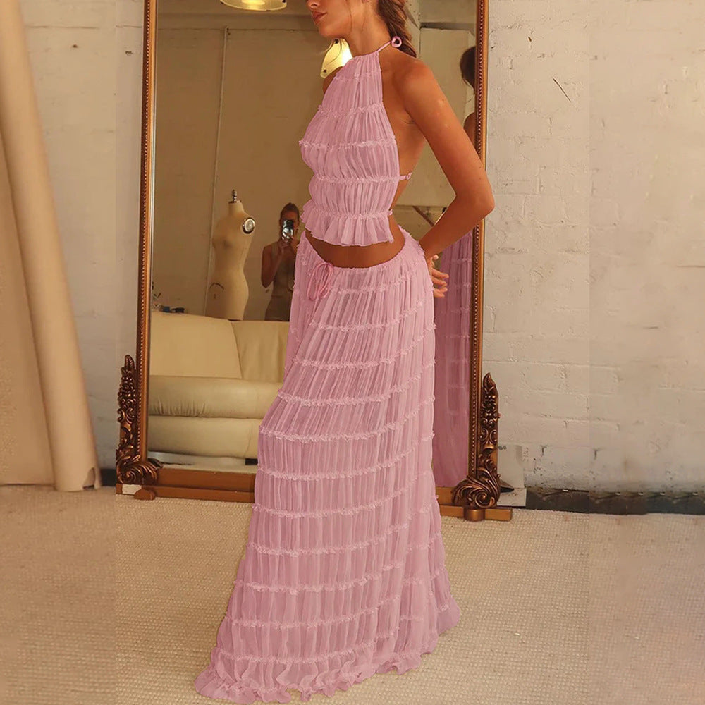 2pcs Halter Top & Pleated Skirt Set