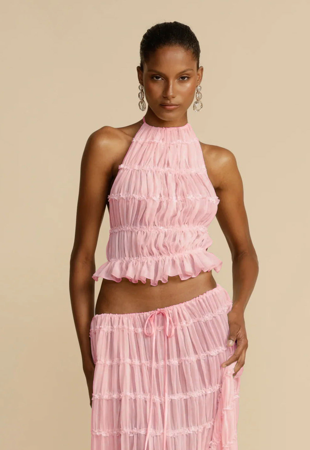 2pcs Halter Top & Pleated Skirt Set